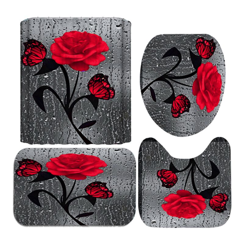 4Pcs Rose Floral Bath Bathroom Shower Curtain Non Slip Toilet Cover Rugs Mat Set 